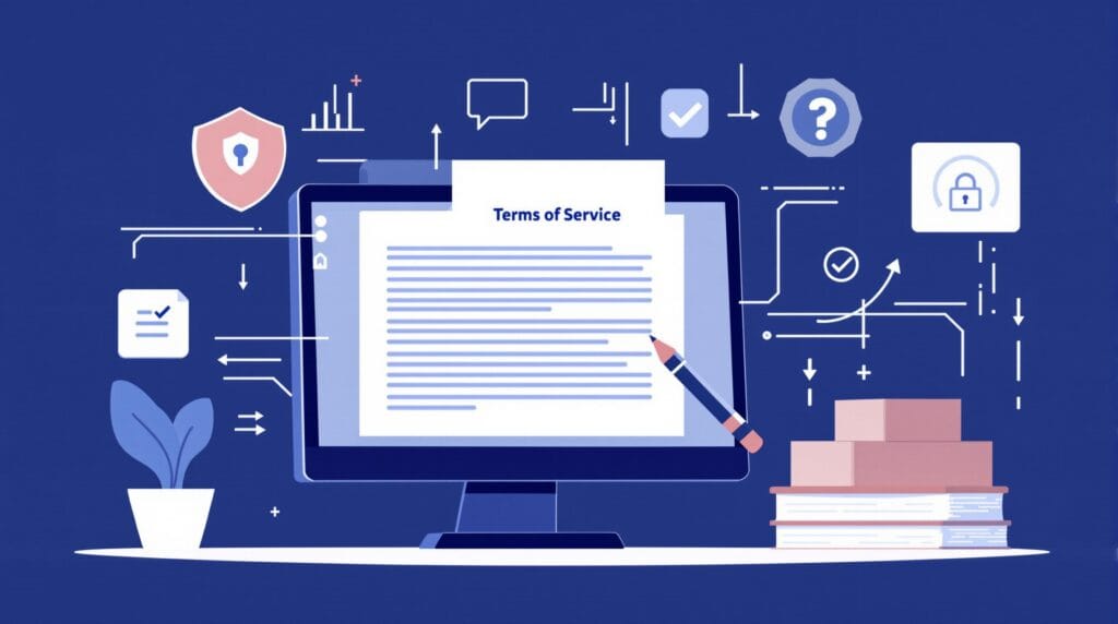 Illustration of a Terms of Service document on a digital device with security icons representing trust and user agreement.